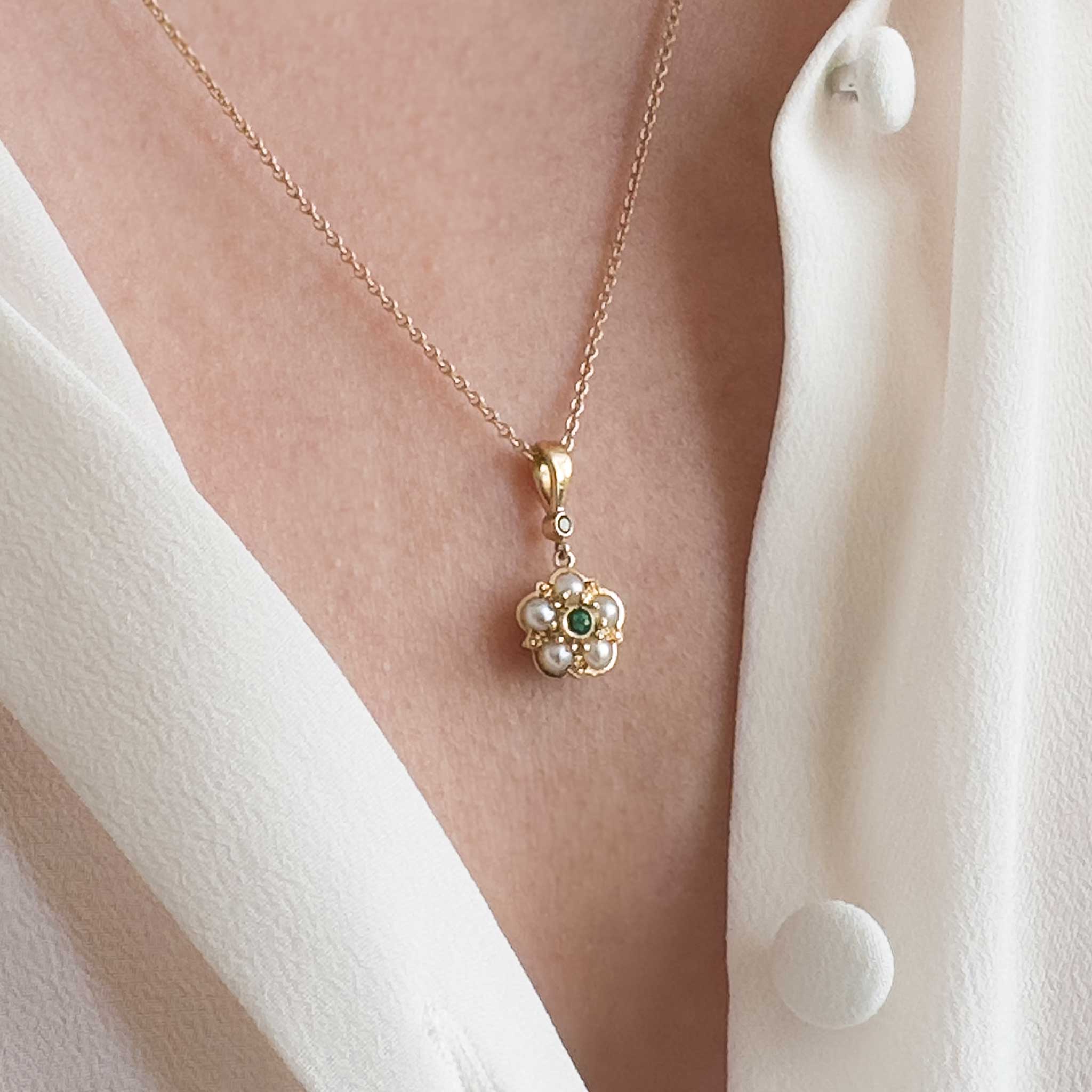 Pearl and Emerald Rose Pendant in 18ct Yellow Gold